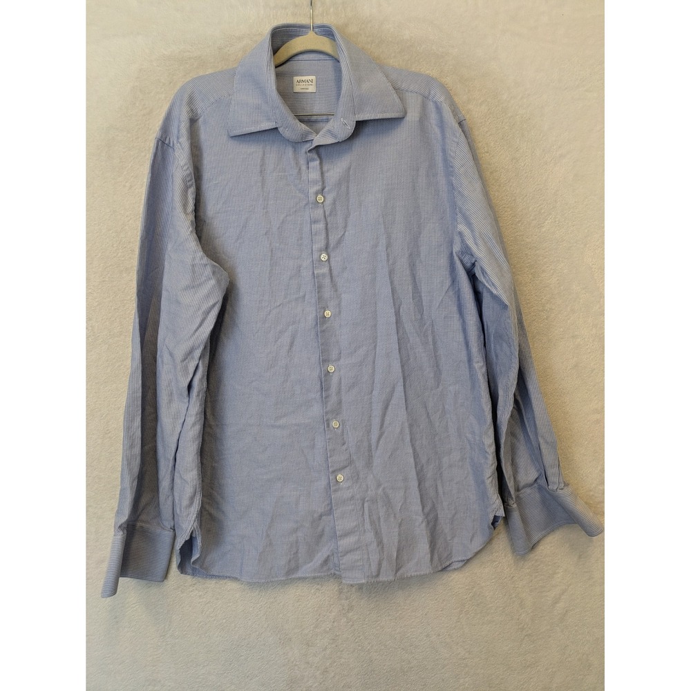 Armani Collezioni Button Down Shirt Men's 16.5 L Blue‎ Micro-Check Long Sleeve